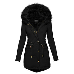 Women's Plush Hooded Parkas Winter Warm Thick Zip-up Jackets Casual Mid-length Solid Buckle Pockets Coat Outerwear Clothing Know You're Still Able