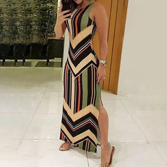 Colorful Striped Print Side Slit Maxi Dress Women Colorblock Sleeveless Slim Long Dresses Know You're Still Able