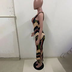Colorful Striped Print Side Slit Maxi Dress Women Colorblock Sleeveless Slim Long Dresses Know You're Still Able