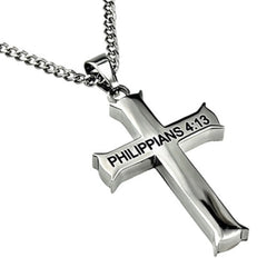 Philippians 4:13 Jewelry Cross Necklace STRENGTH Bible Verse Stainless Steel Curb Chain