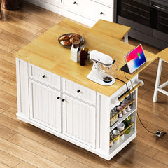 48-Inch Rolling Kitchen Island Cart with Drop Leaf & Power Outlet – White Kitchen Storage Cabinet with 5 Wheels, Internal Rack & Open Side Shelves