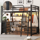 Full Size Metal Loft Bed with Desk, Wardrobe & Storage Shelves – Space-Saving Bunk Bed with Integrated Study Area, Drawers & LED Light for Boys & Girls (SKU: W2593S00032)