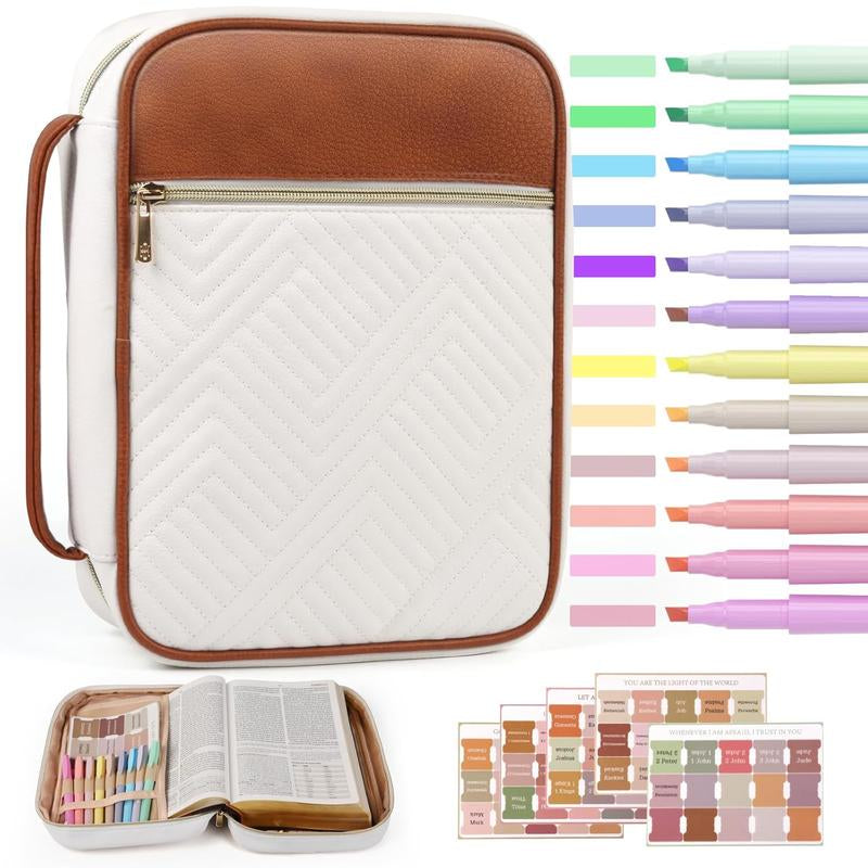 Quilted Vegan Leather Bible Cover, Color-Blocked Bible Cover Case for Women, Large Carrying Case with Handle, Study Supplies & Christian Gift for Women