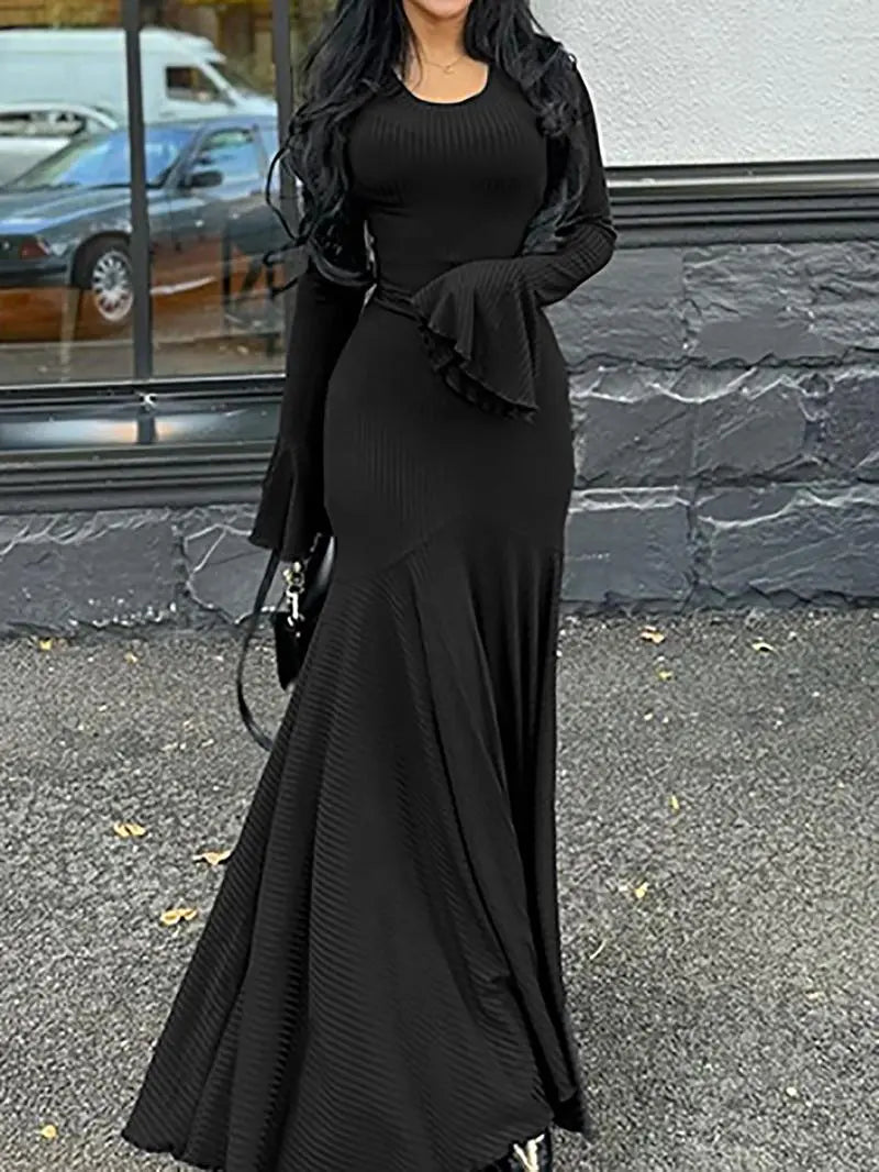 Women’s Lace-Up Maxi Dress | Plain Long Sleeve Flounce Sleeve Casual Round Neck Dress for Everyday & Special Occasions Know You're Still Able