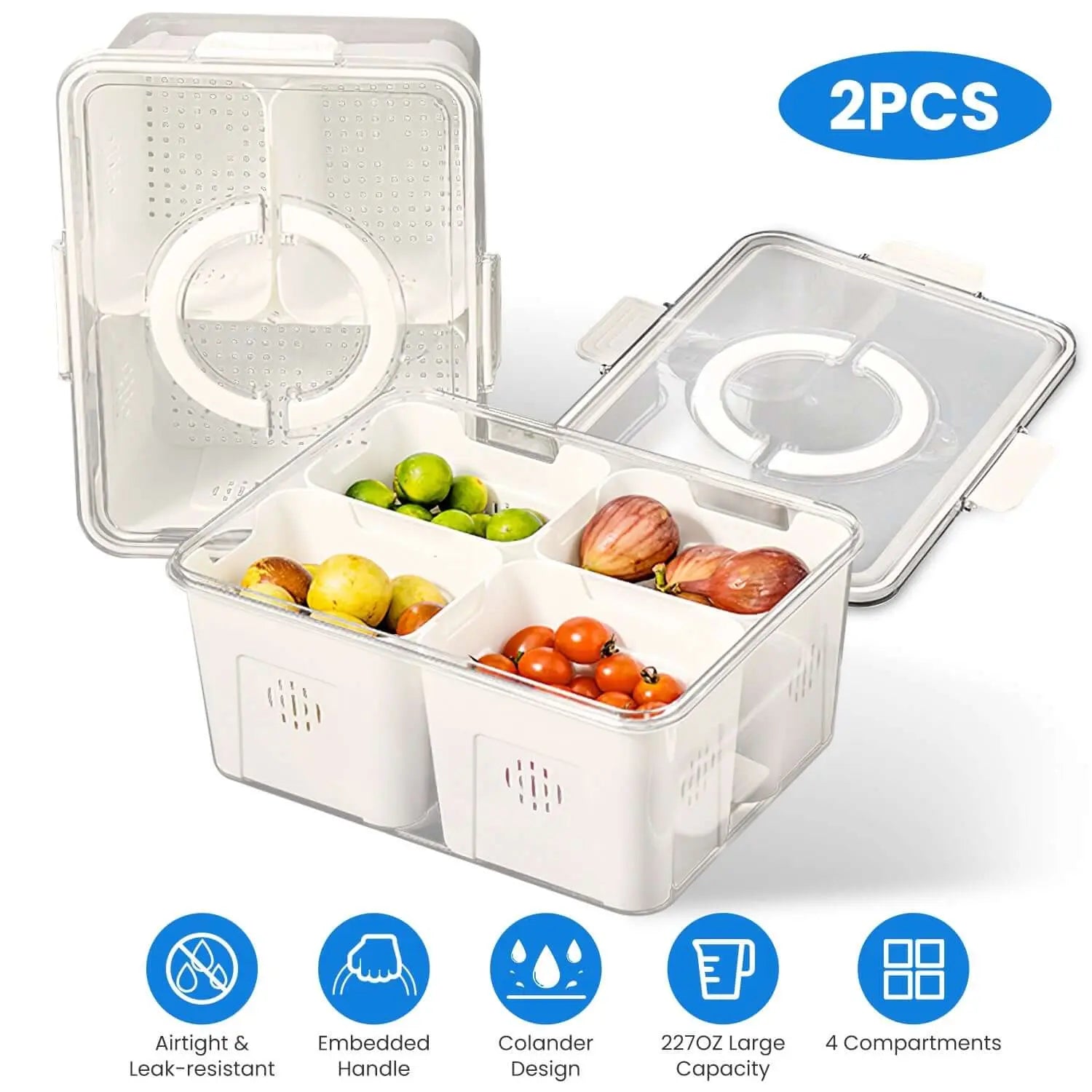 2Pack Airtight Fruit Storage Containers 4 Compartment Food Storage Containers Fruit Vegetable Organizers With 8 Removable Colanders For Fridge Picnic Know You're Still Able