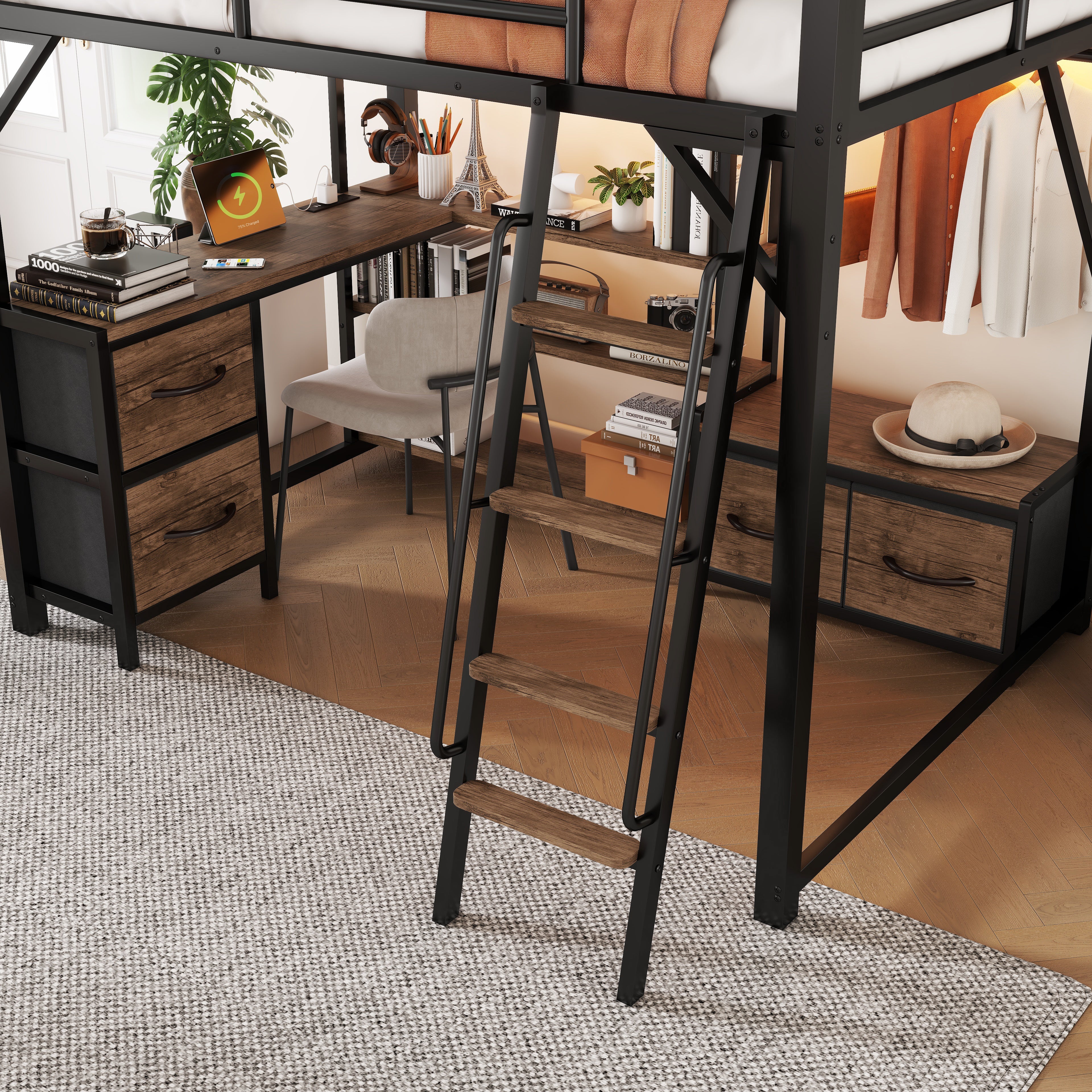 Full Size Metal Loft Bed with Desk, Wardrobe & Storage Shelves – Space-Saving Bunk Bed with Integrated Study Area, Drawers & LED Light for Boys & Girls (SKU: W2593S00032)