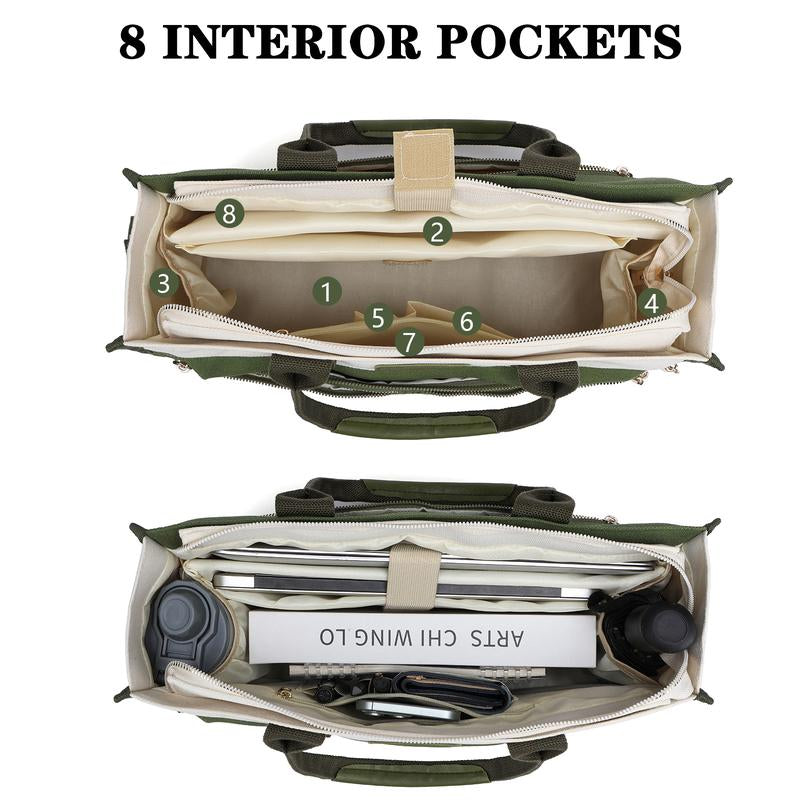 2Pcs/Set Large Canvas Tote Bag for Women, 14 Pockets Zipper Closure & Individual Compartments, Laptop Work Bag, Crossbody Shoulder Bag Purse, Suitable for Teacher, Nurse, College , Travel, Shop, Gym and Daily Use Plain Aesthetic Handbag