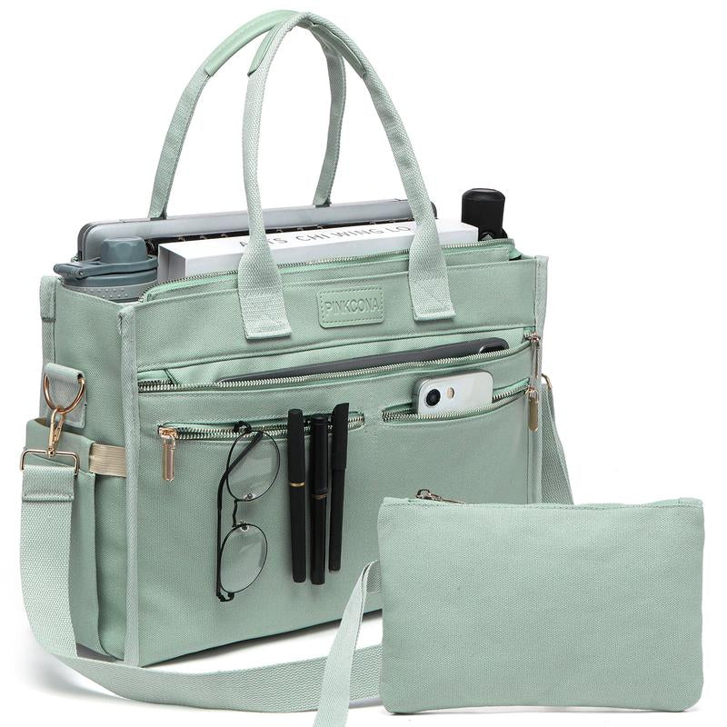2Pcs/Set Large Canvas Tote Bag for Women, 14 Pockets Zipper Closure & Individual Compartments, Laptop Work Bag, Crossbody Shoulder Bag Purse, Suitable for Teacher, Nurse, College , Travel, Shop, Gym and Daily Use Plain Aesthetic Handbag