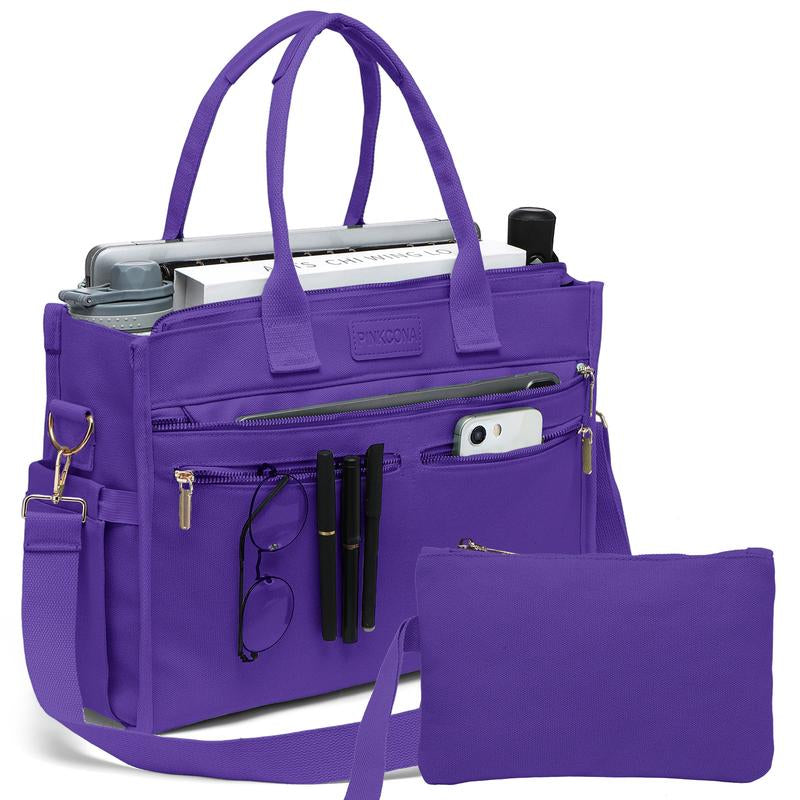 2Pcs/Set Large Canvas Tote Bag for Women, 14 Pockets Zipper Closure & Individual Compartments, Laptop Work Bag, Crossbody Shoulder Bag Purse, Suitable for Teacher, Nurse, College , Travel, Shop, Gym and Daily Use Plain Aesthetic Handbag