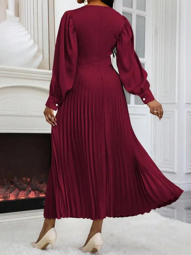 Women'S Plain Pleated Long Sleeve Dress, Elegant Long Dress for Spring & Fall, Women'S Clothing for Daily Wear, Classy Modest Formal Dresses, Womenswear, Modest Style Dress, Lady