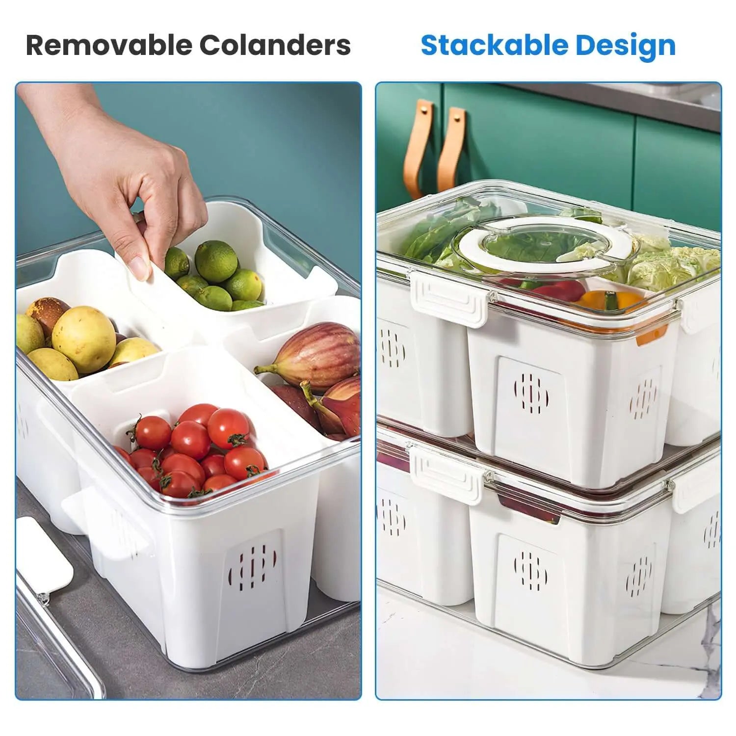 2Pack Airtight Fruit Storage Containers 4 Compartment Food Storage Containers Fruit Vegetable Organizers With 8 Removable Colanders For Fridge Picnic Know You're Still Able