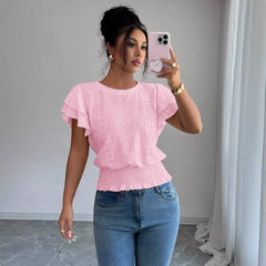 Jacquard Solid-color Crewneck Ruched Batwing-sleeve Short-sleeve Shirt Know You're Still Able