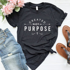 Created With A Purpose Cross Sleeve T-Shirt Christian Faith Graphic Tee, Inspirational Religious Shirt, Unisex Streetwear Top