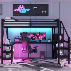 Metal Queen Loft Bed with Wardrobe, LED Light, L-Shaped Desk & USB Charging – Space Saving Queen Size Loft Bed for Kids, Teens & Adults (Black)