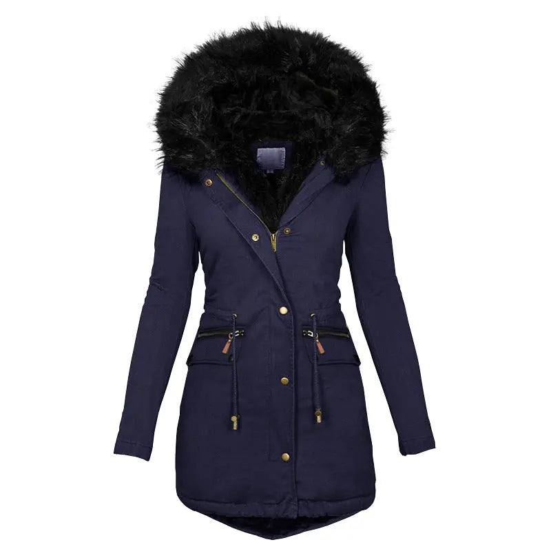 Women's Plush Hooded Parkas Winter Warm Thick  Zip-up Jackets Casual Mid-length Solid Buckle Pockets Coat Outerwear Clothing Know You're Still Able