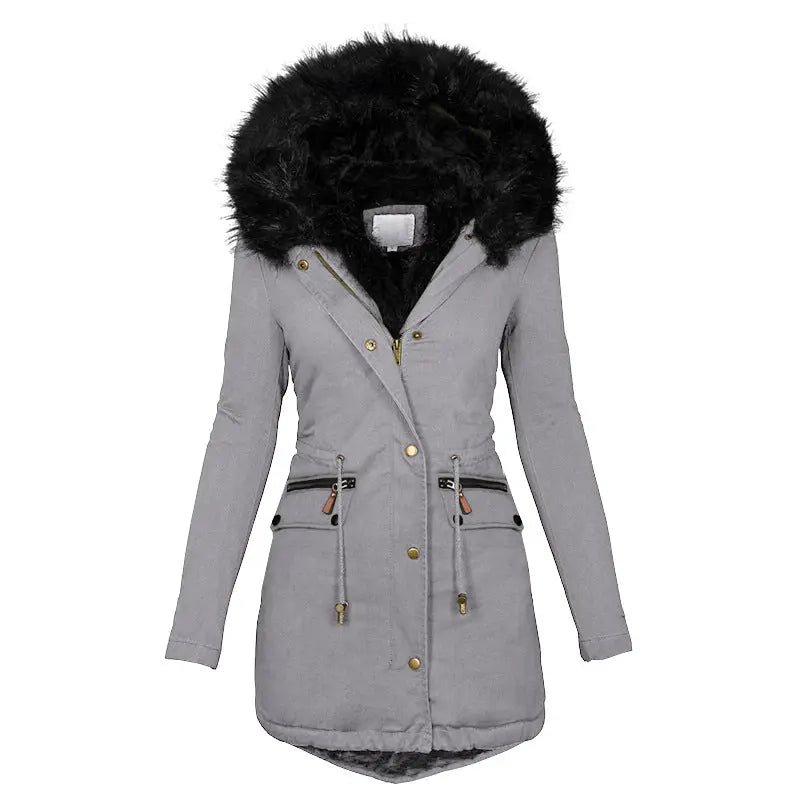 Women's Plush Hooded Parkas Winter Warm Thick  Zip-up Jackets Casual Mid-length Solid Buckle Pockets Coat Outerwear Clothing Know You're Still Able