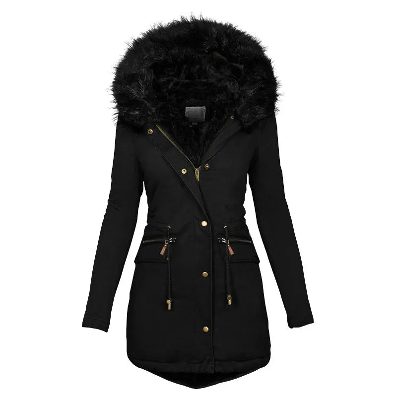 Women's Plush Hooded Parkas Winter Warm Thick  Zip-up Jackets Casual Mid-length Solid Buckle Pockets Coat Outerwear Clothing Know You're Still Able