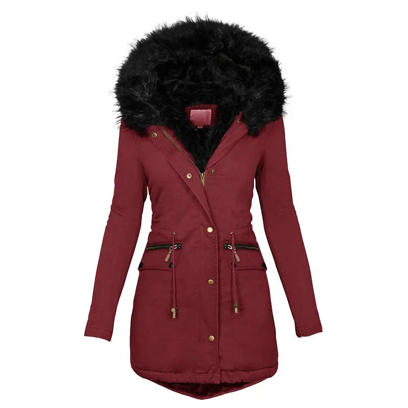 Women's Plush Hooded Parkas Winter Warm Thick  Zip-up Jackets Casual Mid-length Solid Buckle Pockets Coat Outerwear Clothing Know You're Still Able