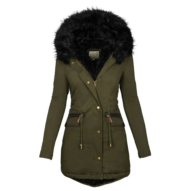Women's Plush Hooded Parkas Winter Warm Thick  Zip-up Jackets Casual Mid-length Solid Buckle Pockets Coat Outerwear Clothing Know You're Still Able