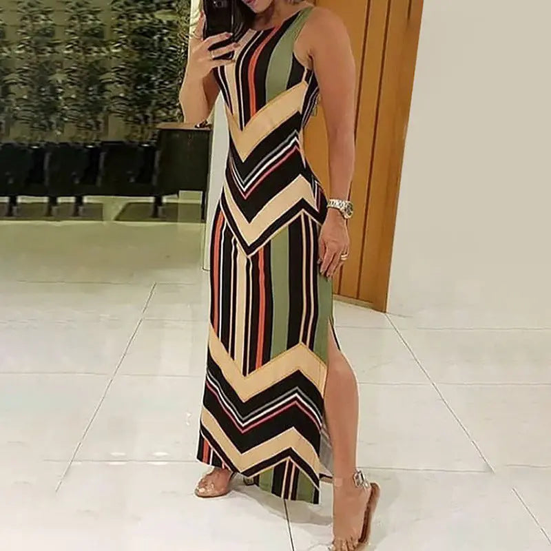 Colorful Striped Print Side Slit Maxi Dress Women Colorblock Sleeveless Slim Long Dresses Know You're Still Able