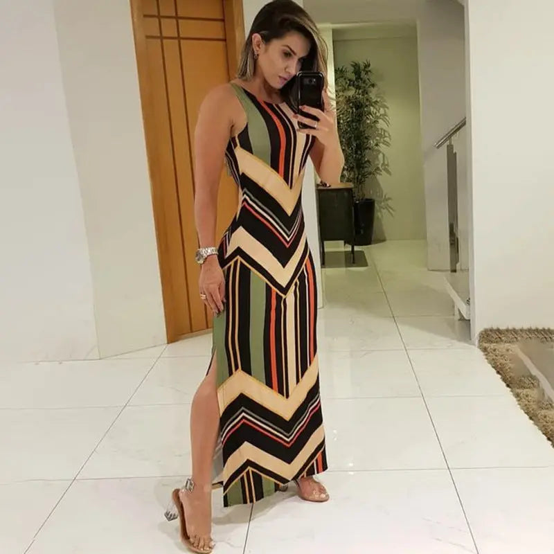 Colorful Striped Print Side Slit Maxi Dress Women Colorblock Sleeveless Slim Long Dresses Know You're Still Able