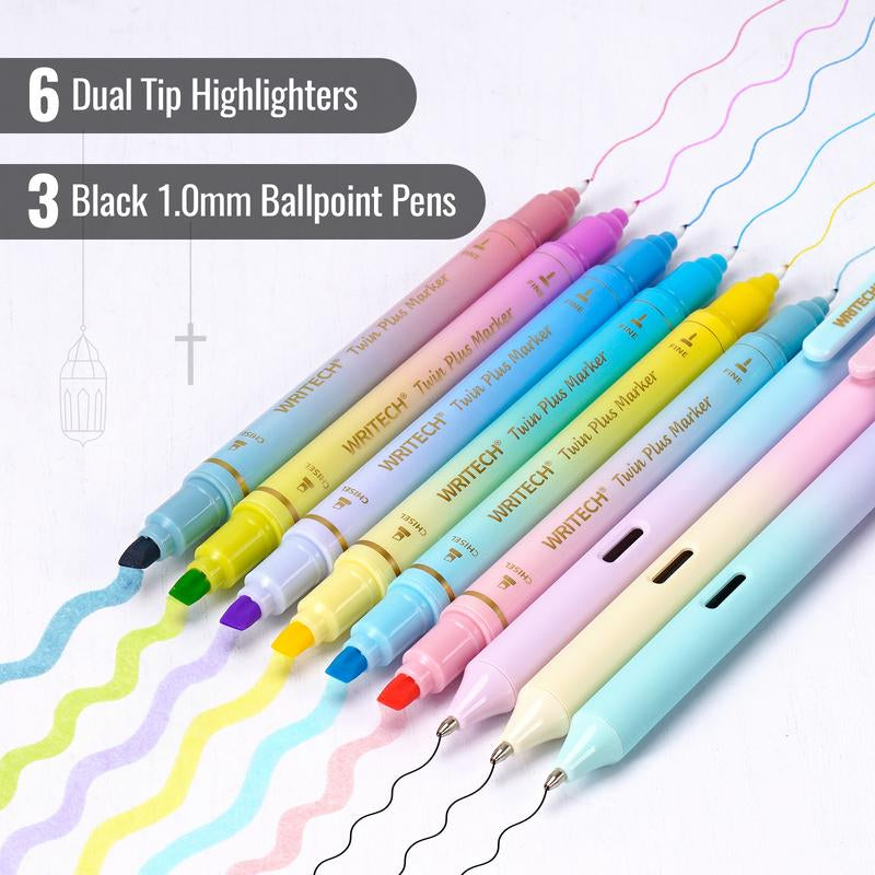 WRITECH Bible Mate Journaling Set: 1.0 Mm Black Ballpoint Pens, Bible Safe Dual Tip Highlighters, 9Ct Pastel Colors, Ideal for Bible Writing