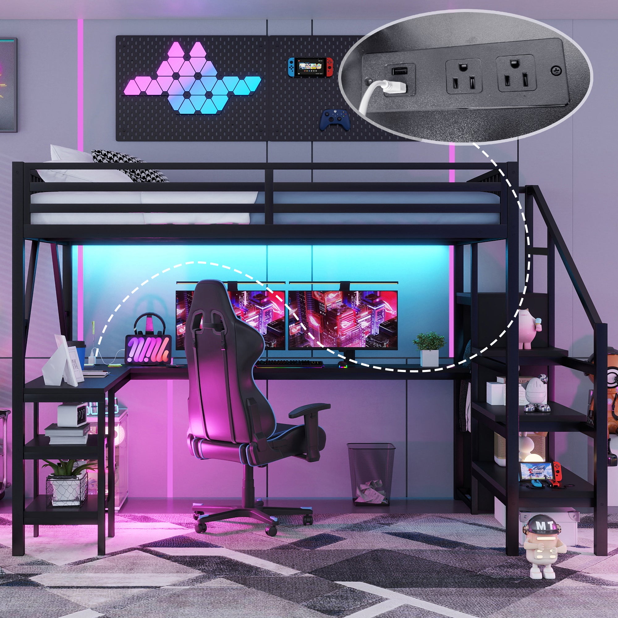 Metal Queen Loft Bed with Wardrobe, LED Light, L-Shaped Desk & USB Charging – Space Saving Queen Size Loft Bed for Kids, Teens & Adults (Black)