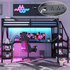 Metal Queen Loft Bed with Wardrobe, LED Light, L-Shaped Desk & USB Charging – Space Saving Queen Size Loft Bed for Kids, Teens & Adults (Black)