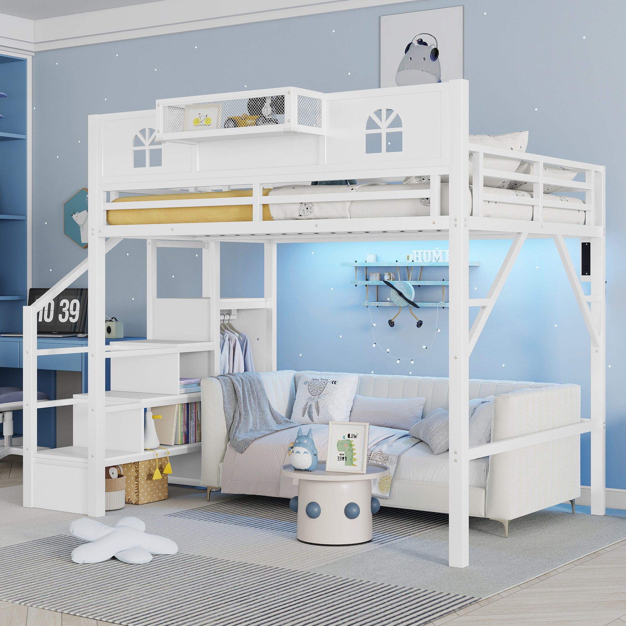 Full Size Metal Loft Bed with Stairs, House-Shaped Guardrails & Wardrobe Storage | High Loft Bed for Kids & Teens – White