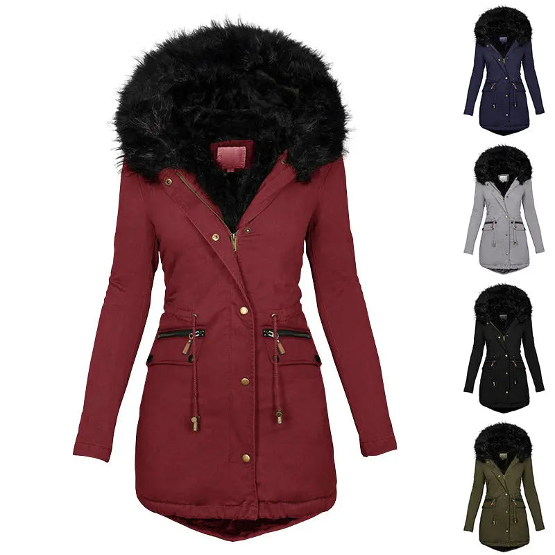 Women's Plush Hooded Parkas Winter Warm Thick  Zip-up Jackets Casual Mid-length Solid Buckle Pockets Coat Outerwear Clothing Know You're Still Able