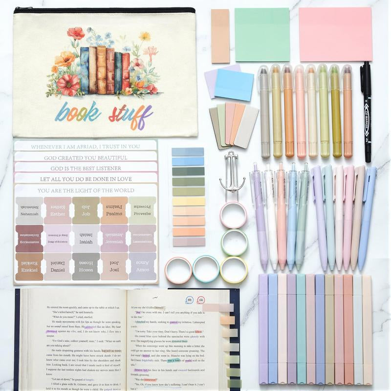 Easter Bible Journaling Kit Gift 55Pcs Bible Study Supplies with Canvas Bag Gel Pens Colorful Highlighters Bible Tabs Transparent Sticky Notes Marker Index Tabs Magnetic Bookmark Bible Aesthetic Book Annotation Kit for Christian Women Teenagers Student