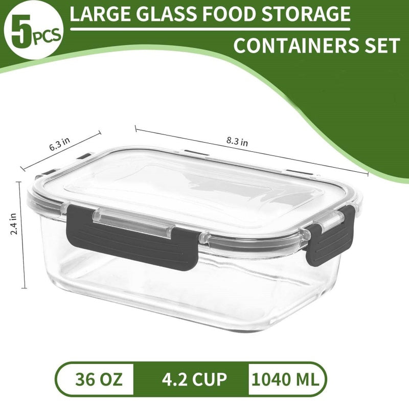Premium Borosilicate Glass Meal Prep Containers Airtight Bamboo Lids (Plastic Free)