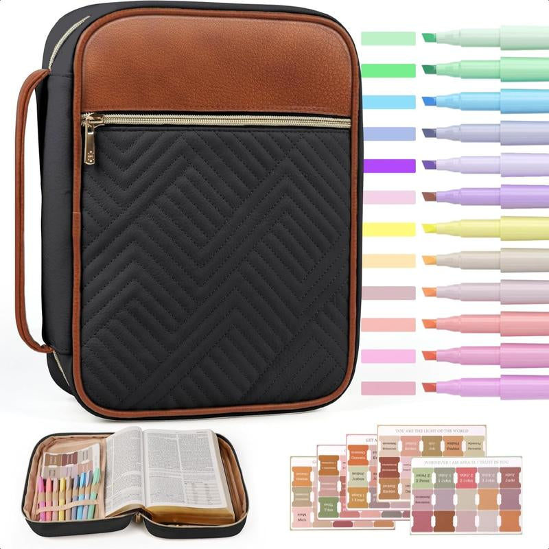 Quilted Vegan Leather Bible Cover, Color-Blocked Bible Cover Case for Women, Large Carrying Case with Handle, Study Supplies & Christian Gift for Women