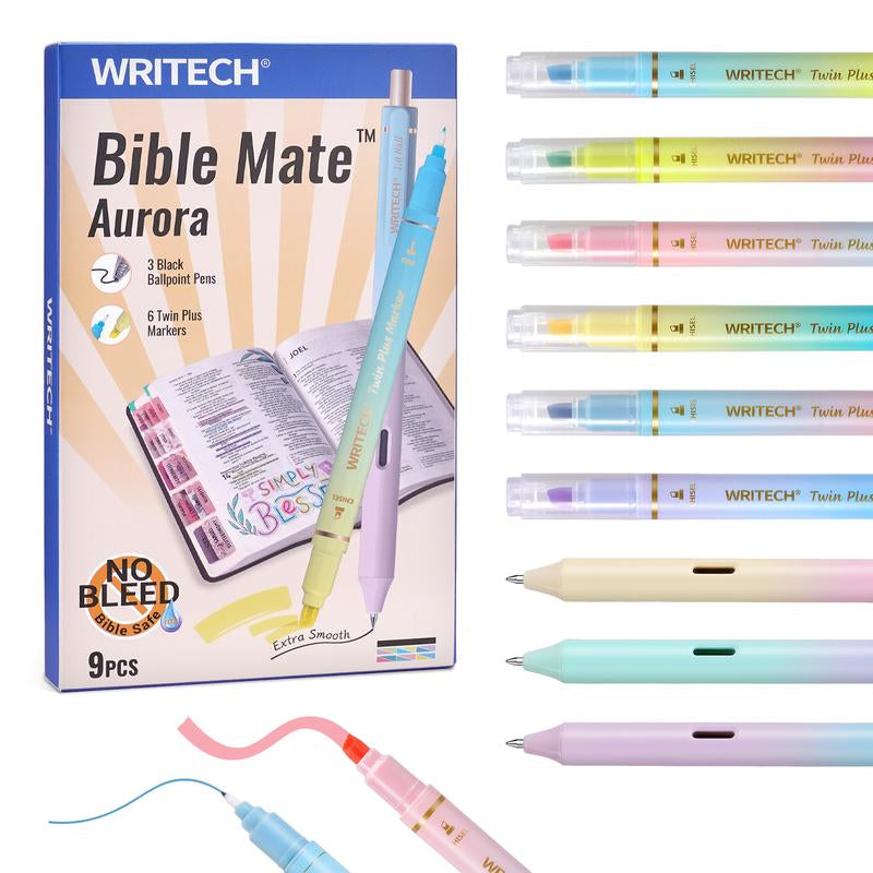 WRITECH Bible Mate Journaling Set: 1.0 Mm Black Ballpoint Pens, Bible Safe Dual Tip Highlighters, 9Ct Pastel Colors, Ideal for Bible Writing