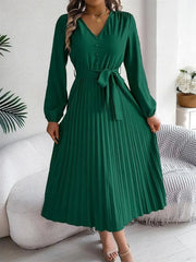 Women'S Plain Pleated Belted Button a Line Dress, Modest Style Dress, Casual Bishop Sleeve V Neck Long Dress for Spring & Fall, Women'S Clothing for Daily Wear