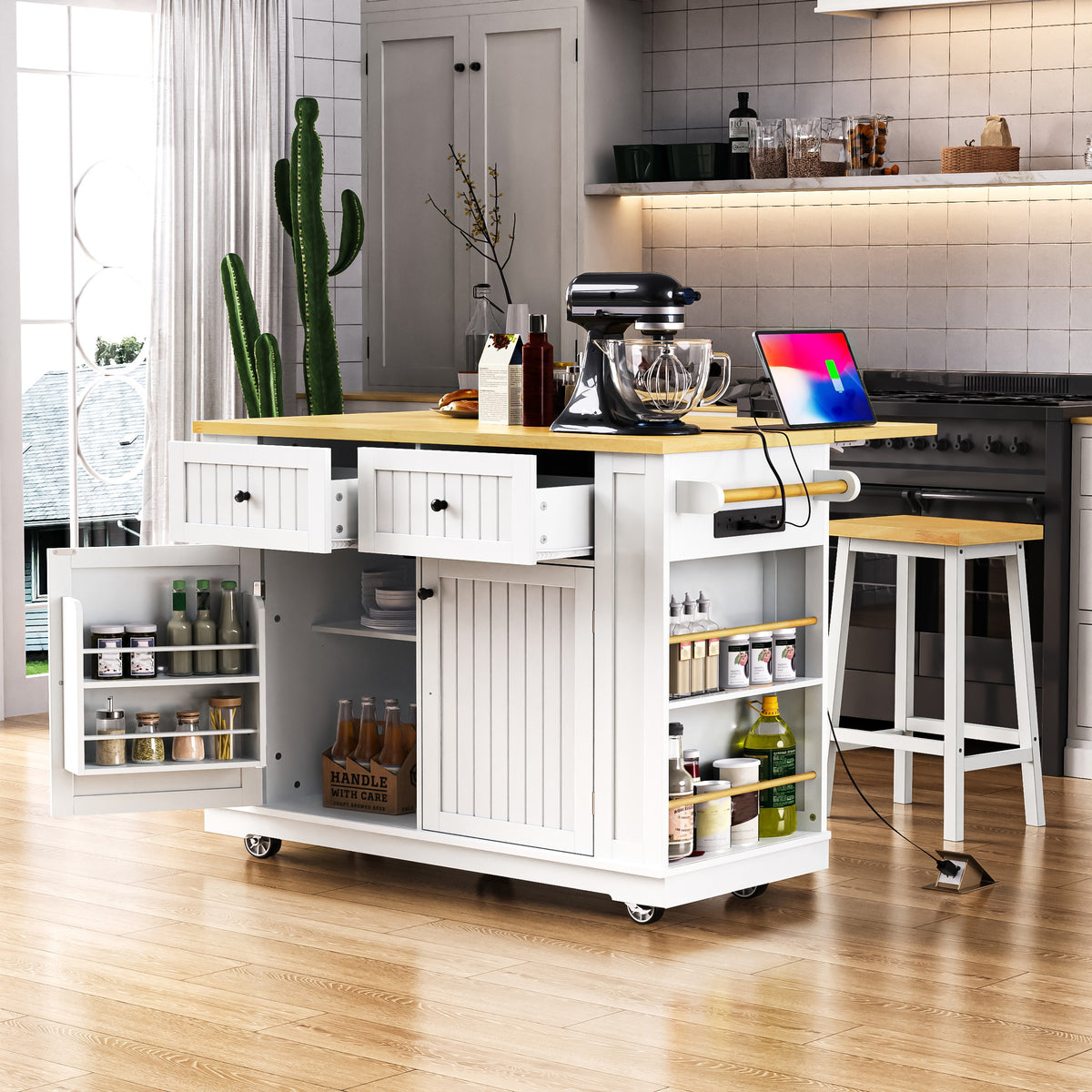 48-Inch Rolling Kitchen Island Cart with Drop Leaf & Power Outlet – White Kitchen Storage Cabinet with 5 Wheels, Internal Rack & Open Side Shelves