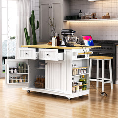 48-Inch Rolling Kitchen Island Cart with Drop Leaf & Power Outlet – White Kitchen Storage Cabinet with 5 Wheels, Internal Rack & Open Side Shelves