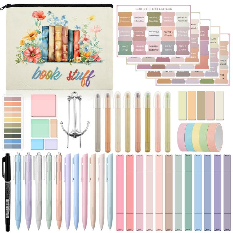 Easter Bible Journaling Kit Gift 55Pcs Bible Study Supplies with Canvas Bag Gel Pens Colorful Highlighters Bible Tabs Transparent Sticky Notes Marker Index Tabs Magnetic Bookmark Bible Aesthetic Book Annotation Kit for Christian Women Teenagers Student