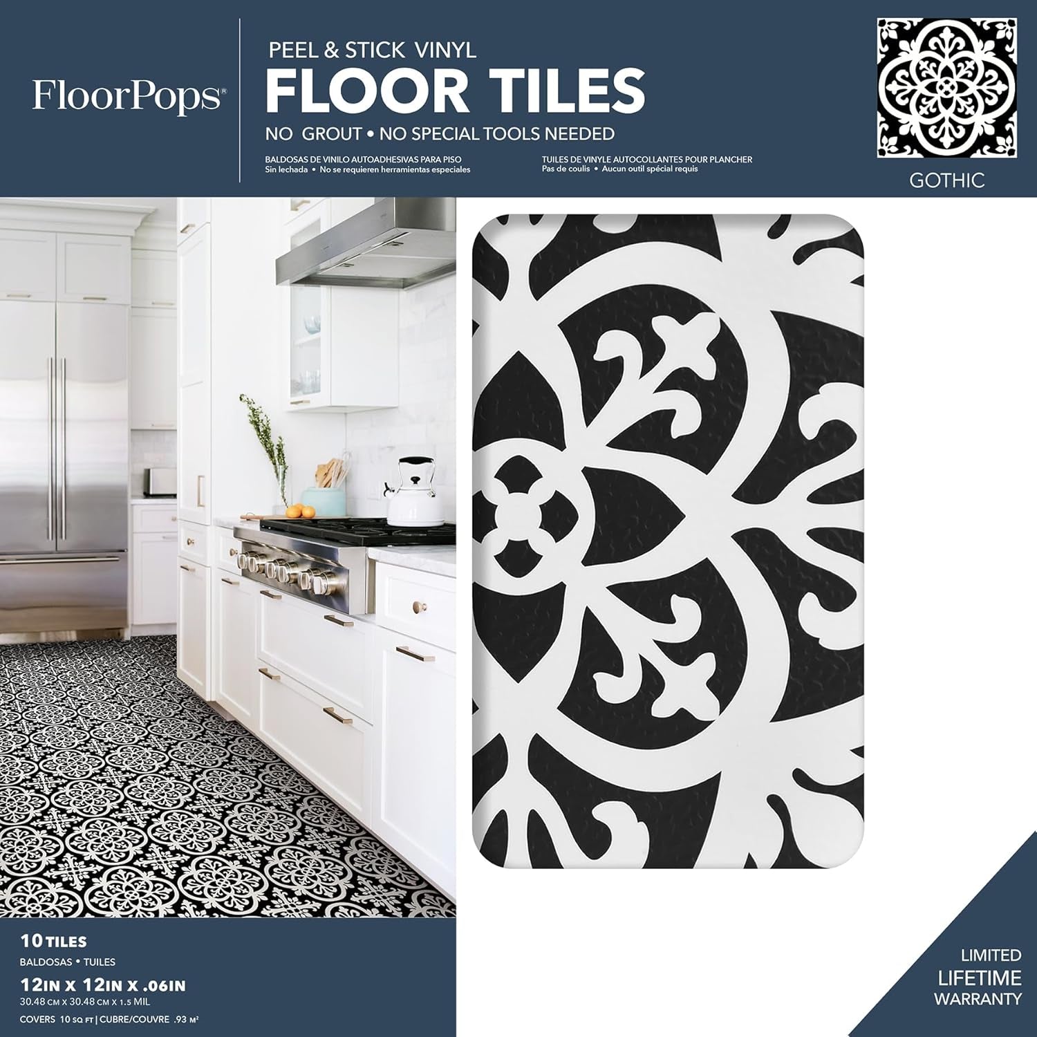 Gothic Peel & Stick Floor Tiles, Black, 24"X24", 10 Pack