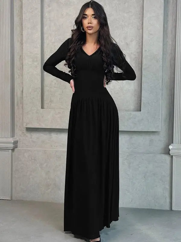 Women’s Modest Muslim Maxi Dress – Elegant V-Neck Padded Shoulder Long Sleeve Abaya | Plain Slim-Fit Islamic Evening & Casual Dress Know You're Still Able