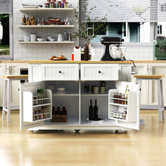 48-Inch Rolling Kitchen Island Cart with Drop Leaf & Power Outlet – White Kitchen Storage Cabinet with 5 Wheels, Internal Rack & Open Side Shelves