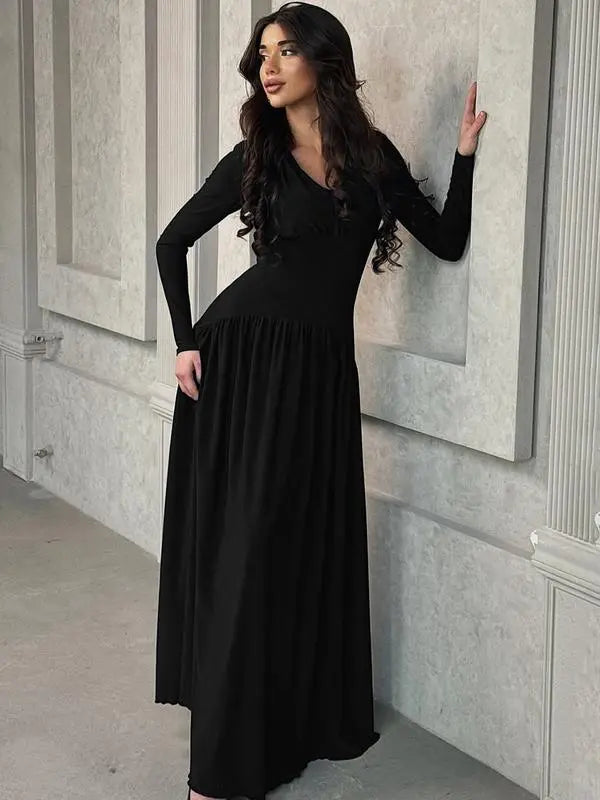 Women’s Modest Muslim Maxi Dress – Elegant V-Neck Padded Shoulder Long Sleeve Abaya | Plain Slim-Fit Islamic Evening & Casual Dress Know You're Still Able