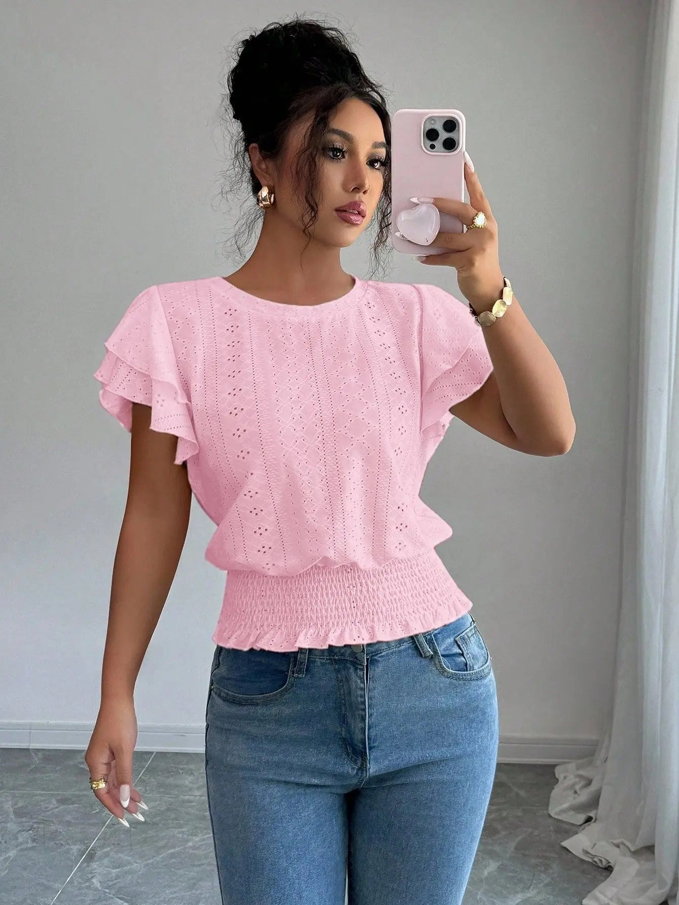 Jacquard Solid-color Crewneck Ruched Batwing-sleeve Short-sleeve Shirt Know You're Still Able