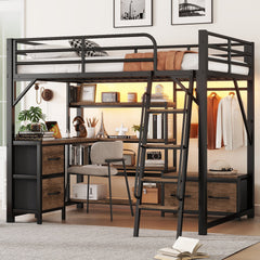 Full Size Metal Loft Bed with Desk, Wardrobe & Storage Shelves – Space-Saving Bunk Bed with Integrated Study Area, Drawers & LED Light for Boys & Girls (SKU: W2593S00032)