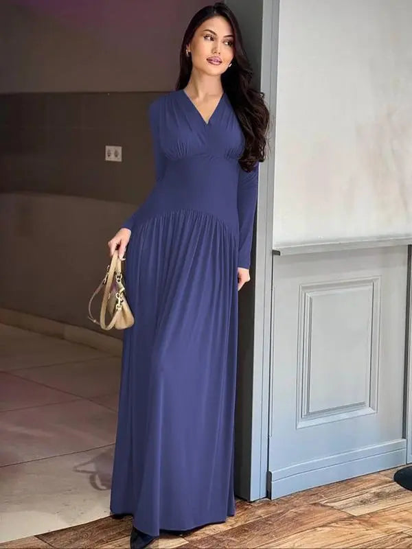 Women’s Modest Muslim Maxi Dress – Elegant V-Neck Padded Shoulder Long Sleeve Abaya | Plain Slim-Fit Islamic Evening & Casual Dress Know You're Still Able