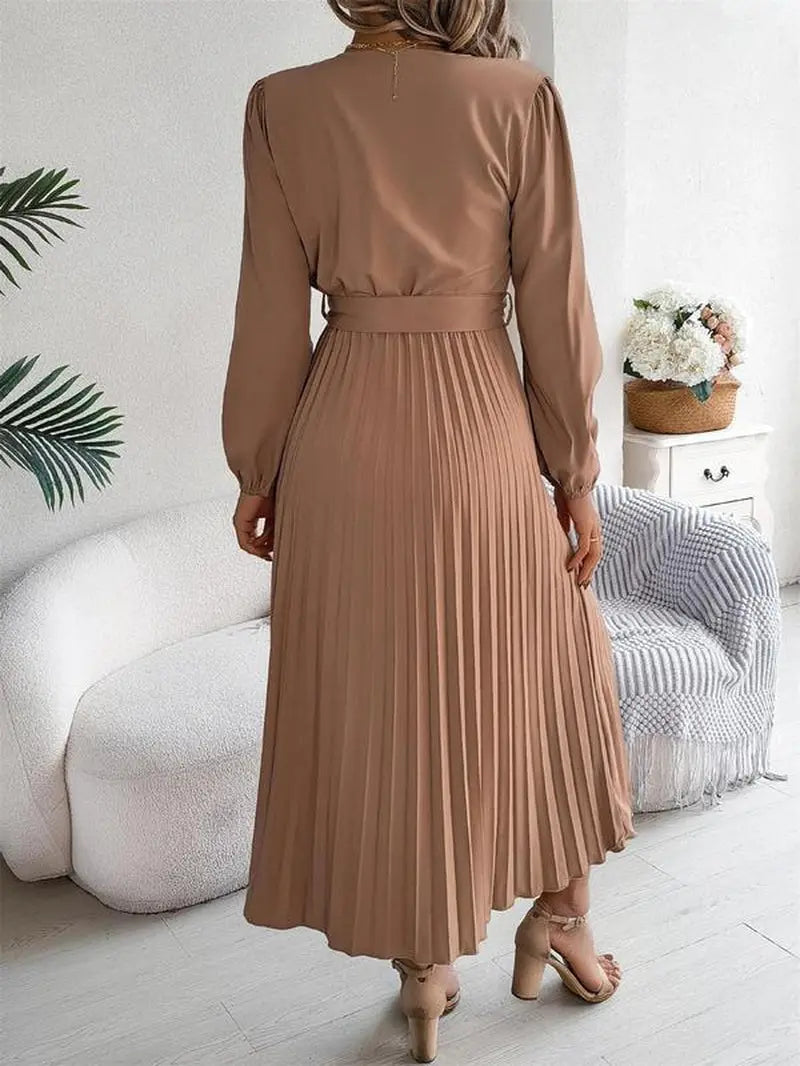 Women'S Plain Pleated Belted Button a Line Dress, Modest Style Dress, Casual Bishop Sleeve V Neck Long Dress for Spring & Fall, Women'S Clothing for Daily Wear