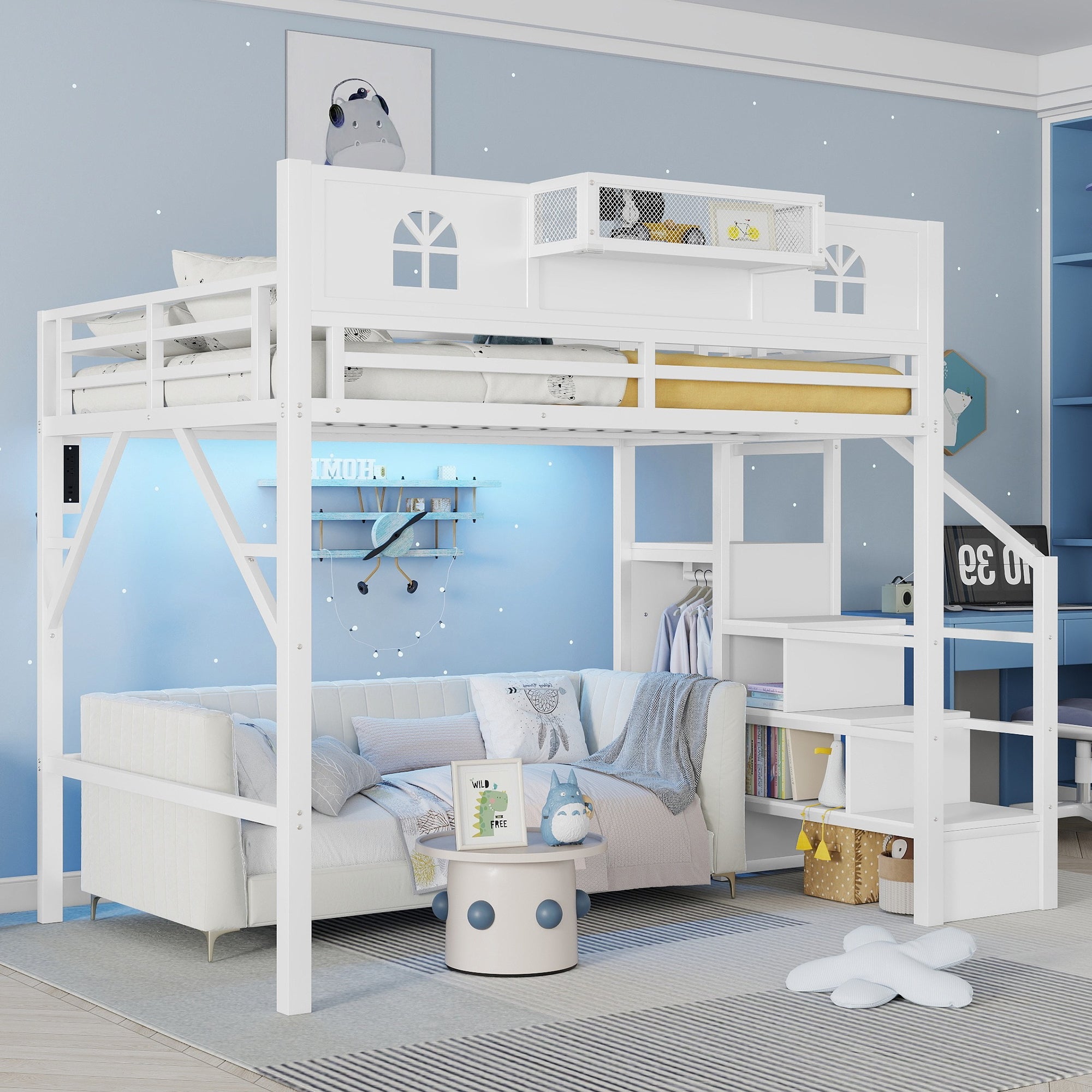 Full Size Metal Loft Bed with Stairs, House-Shaped Guardrails & Wardrobe Storage | High Loft Bed for Kids & Teens – White