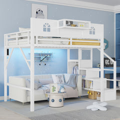 Full Size Metal Loft Bed with Stairs, House-Shaped Guardrails & Wardrobe Storage | High Loft Bed for Kids & Teens – White