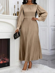 Women'S Plain Pleated Long Sleeve Dress, Elegant Long Dress for Spring & Fall, Women'S Clothing for Daily Wear, Classy Modest Formal Dresses, Womenswear, Modest Style Dress, Lady