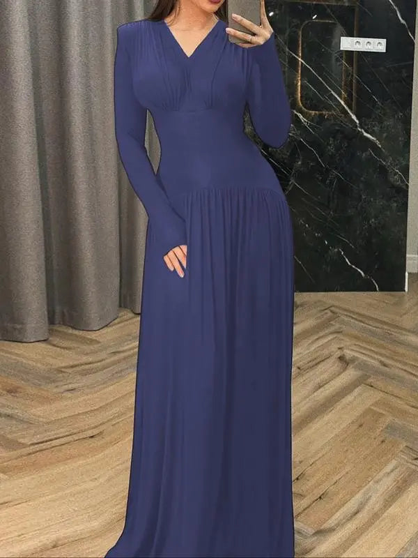 Women’s Modest Muslim Maxi Dress – Elegant V-Neck Padded Shoulder Long Sleeve Abaya | Plain Slim-Fit Islamic Evening & Casual Dress Know You're Still Able